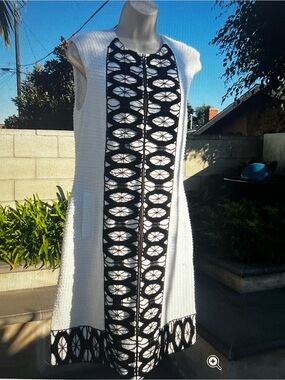 Sleeveless White Midi Shift Dress with Black Geometric Trim
